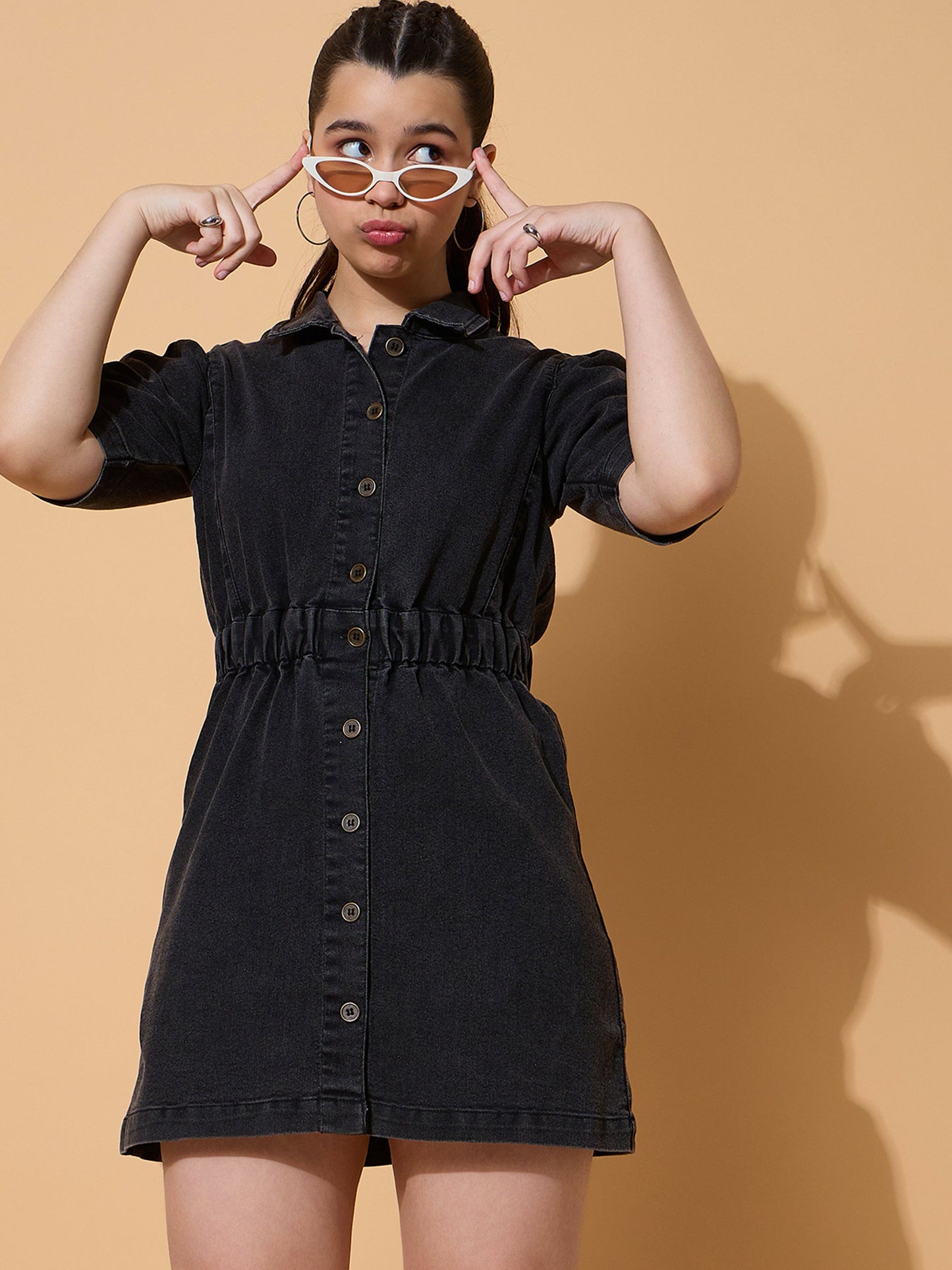 Girls Black Wash Denim A Line Shirt Dress