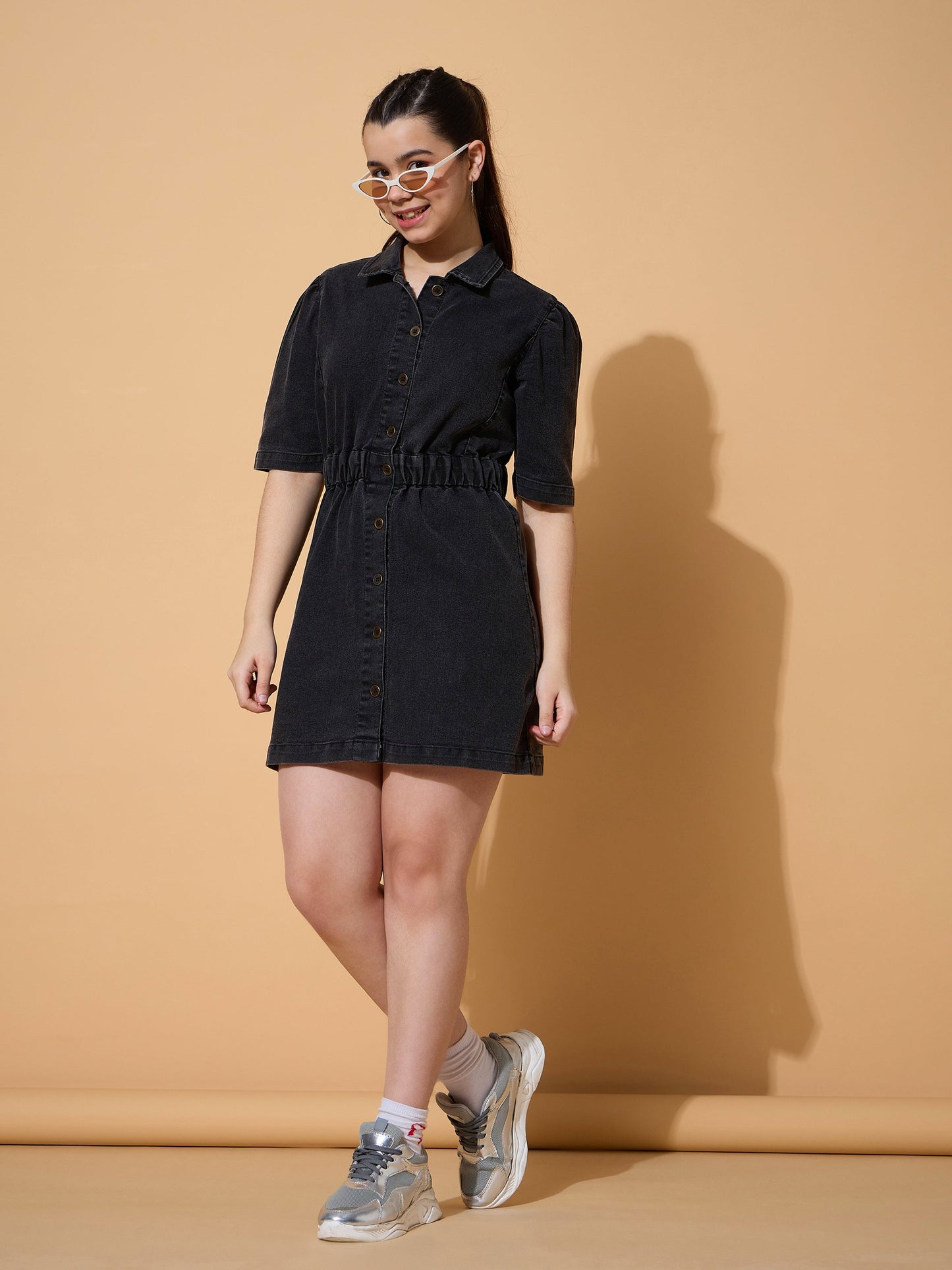 Girls Black Wash Denim A Line Shirt Dress