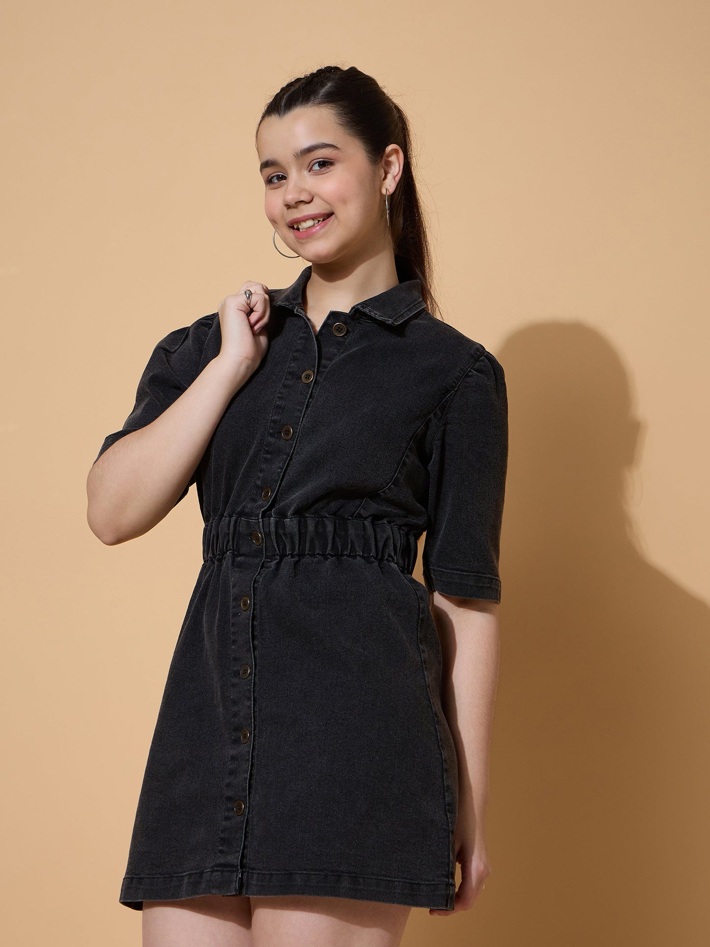 Girls Black Wash Denim A Line Shirt Dress