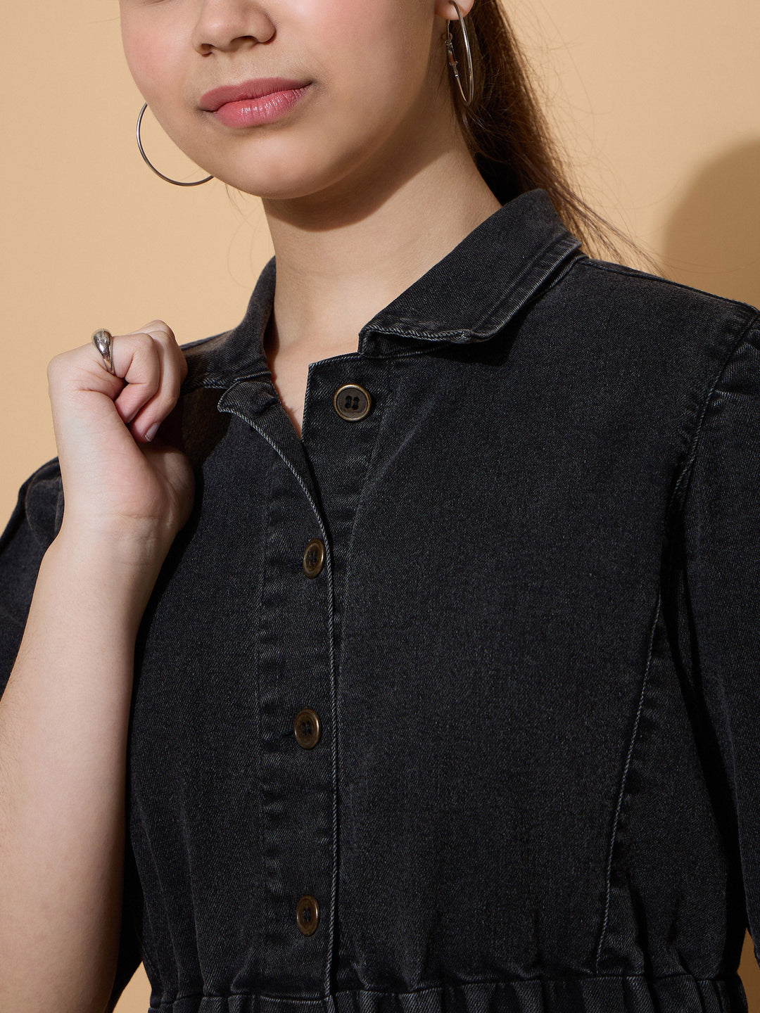 Girls Black Wash Denim A Line Shirt Dress