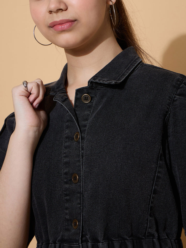 Girls Black Wash Denim A Line Shirt Dress