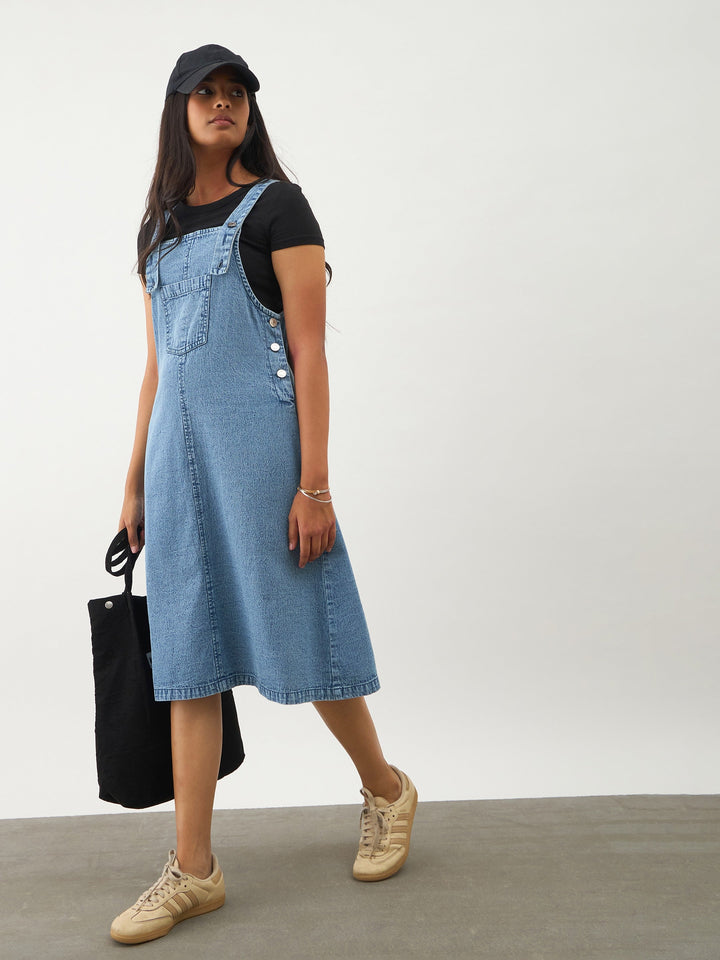 Girls Ice Blue Denim Front Pocket Dungaree Dress