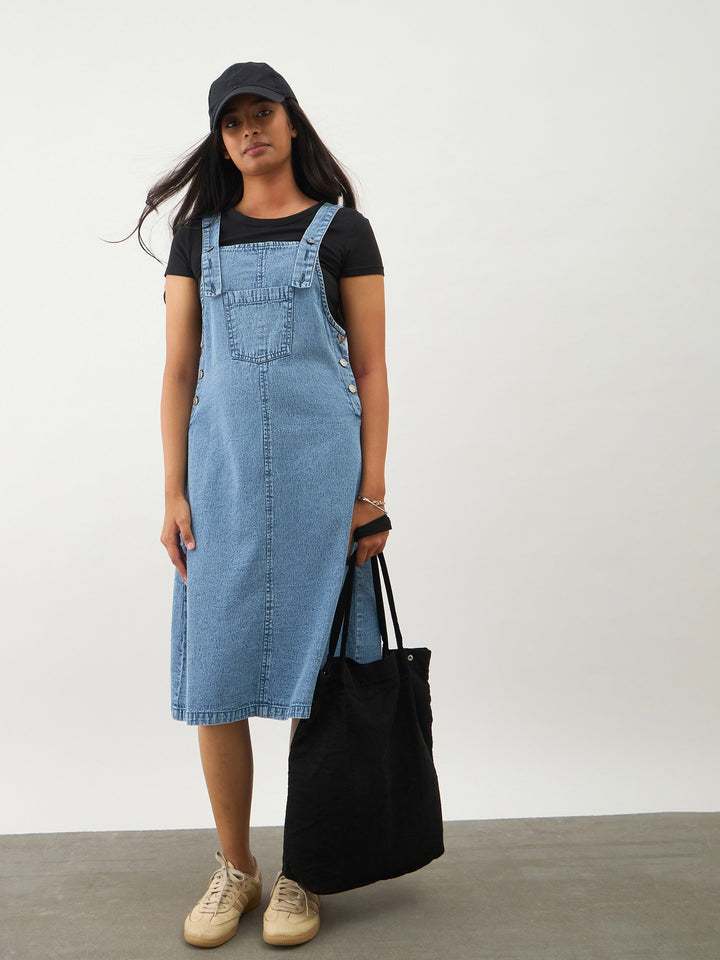 Girls Ice Blue Denim Front Pocket Dungaree Dress