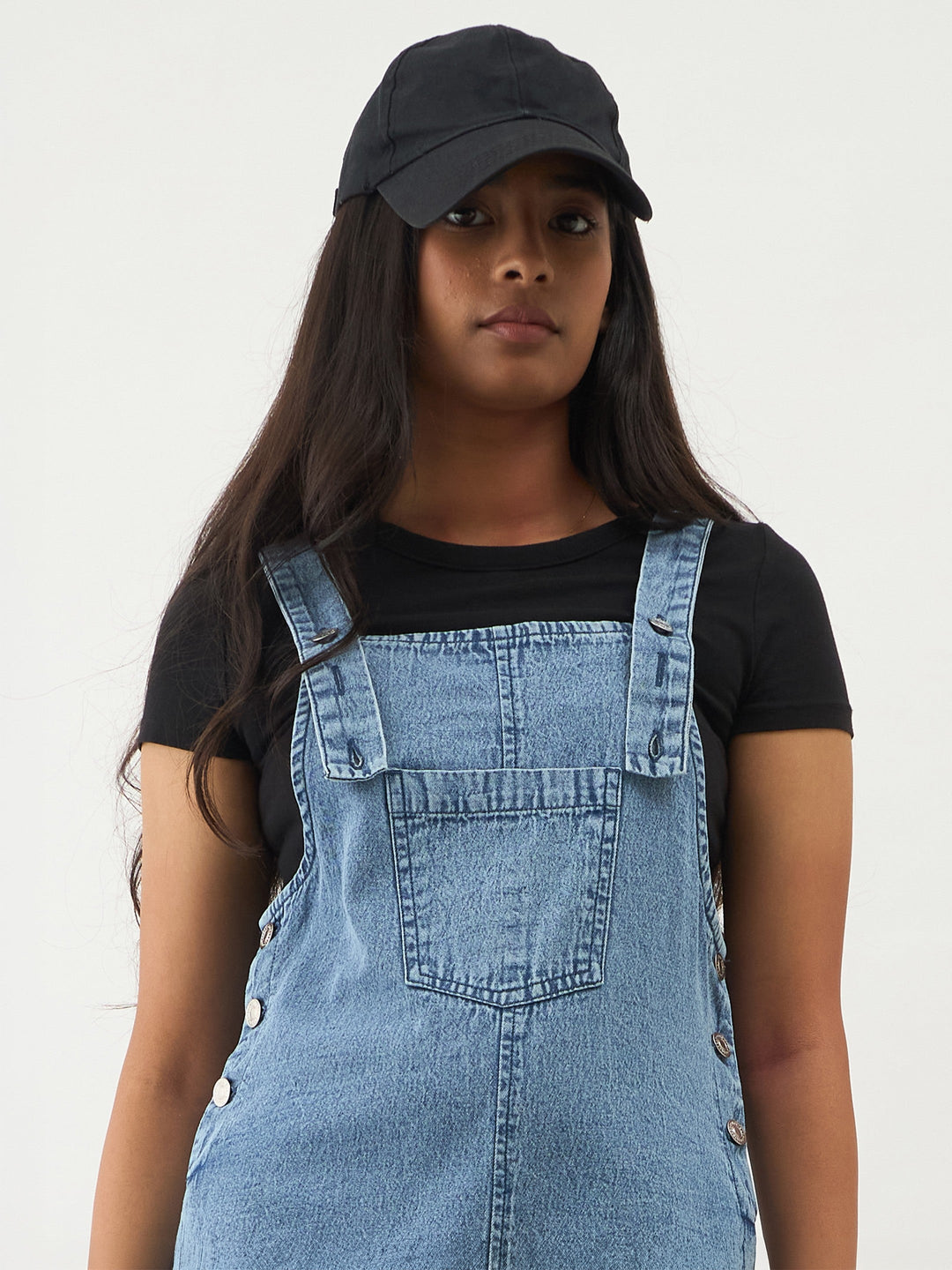 Girls Ice Blue Denim Front Pocket Dungaree Dress