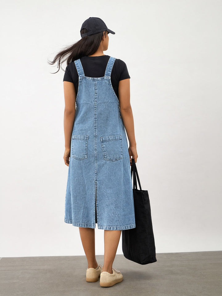 Girls Ice Blue Denim Front Pocket Dungaree Dress