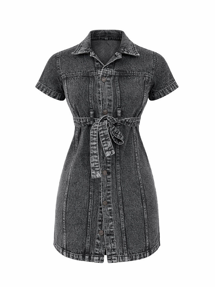Girls Black Blast Denim Belted Shirt Dress