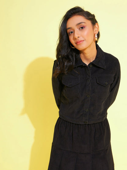 Girls Black Corduroy Crop Jacket