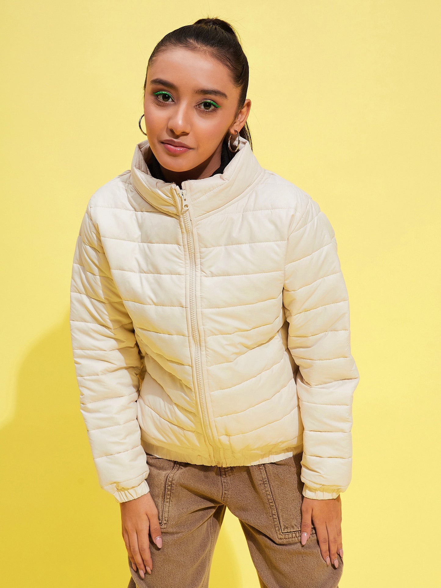 Girls Off White Taffeta Quilted Zipper Jacket