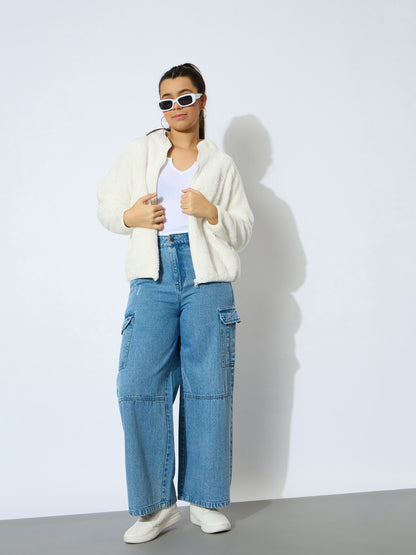 Girl White Double Fur Front Zipper Regular Jacket