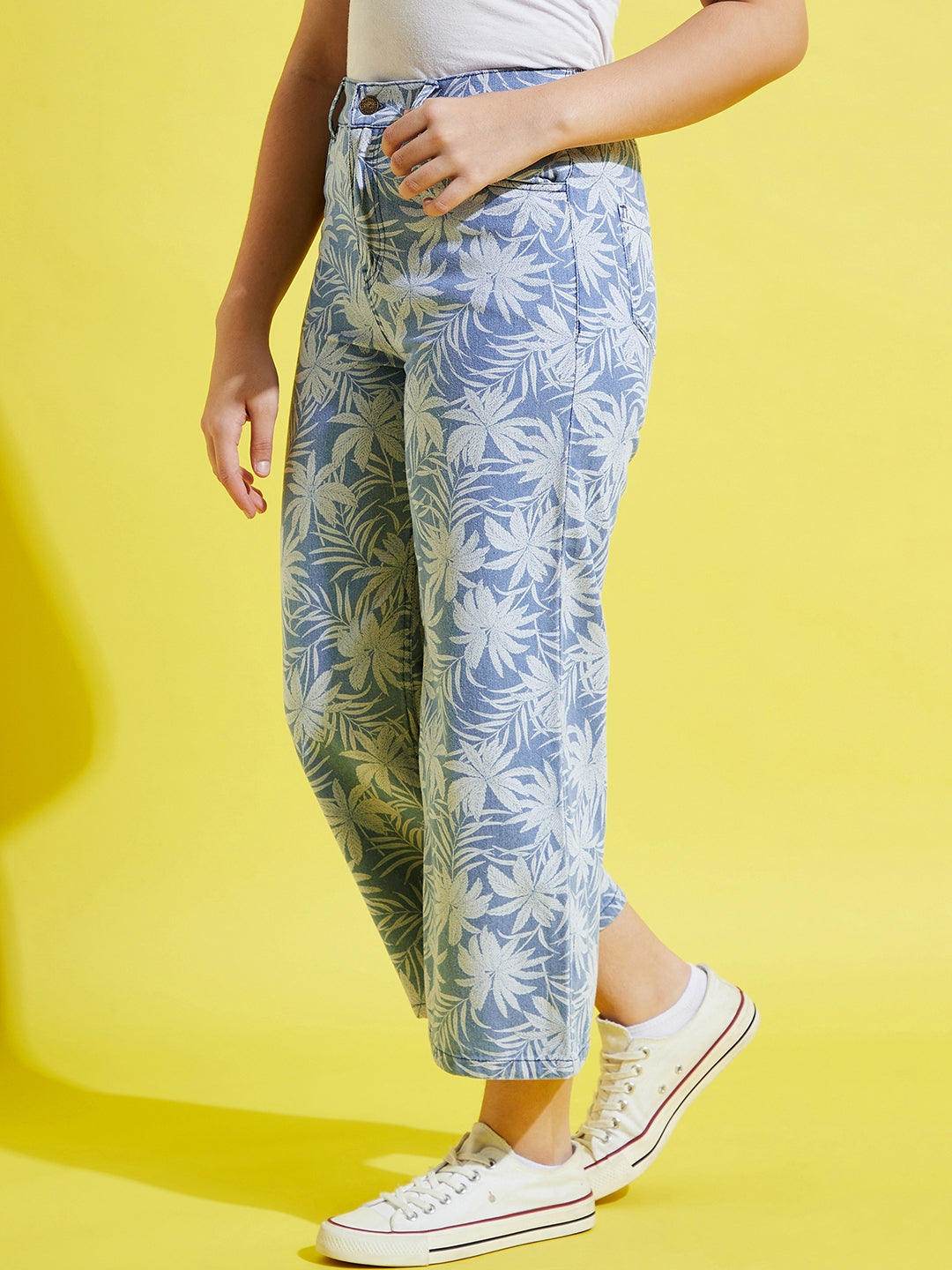Girls Blue Tropical Print Straight Jeans