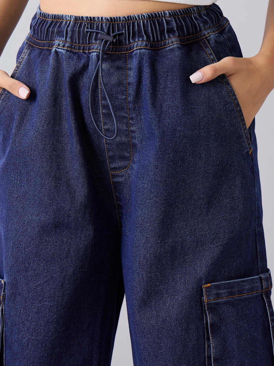 Girls Blue Wash Side Pockets Cargo Jeans