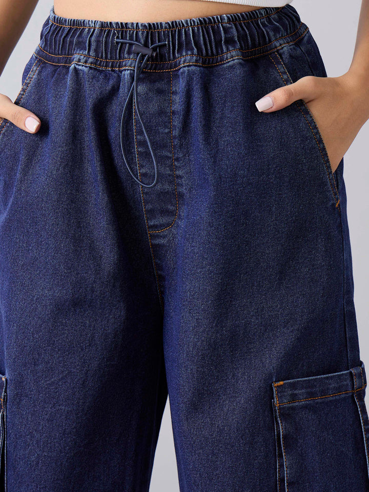 Girls Blue Wash Side Pockets Cargo Jeans
