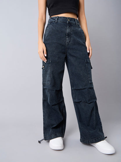 Girls Black Acid Wash Side Pintuck Cargo Jeans