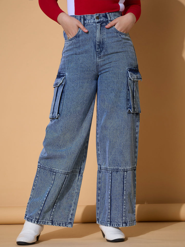 Girls Blue Wash Hem Pin Tuck Straight Jeans