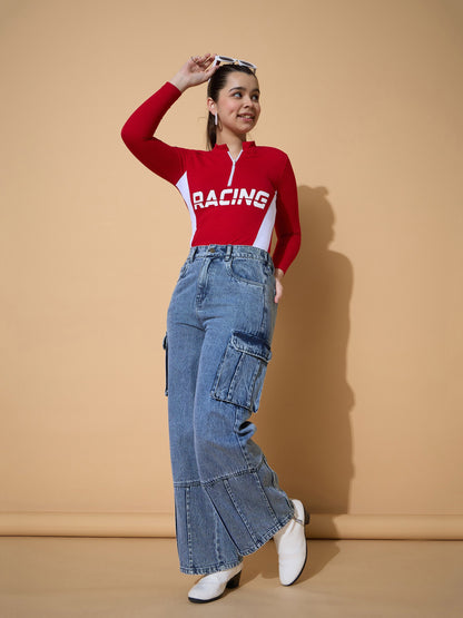 Girls Blue Wash Hem Pin Tuck Straight Jeans