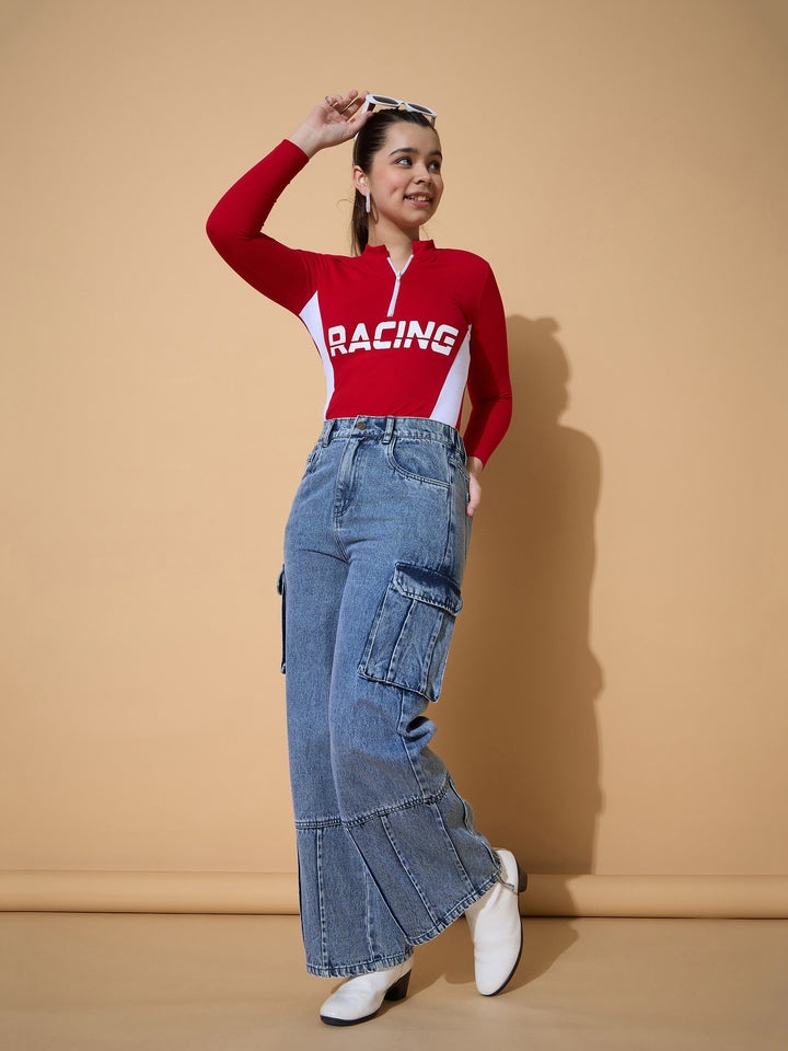 Girls Blue Wash Hem Pin Tuck Straight Jeans