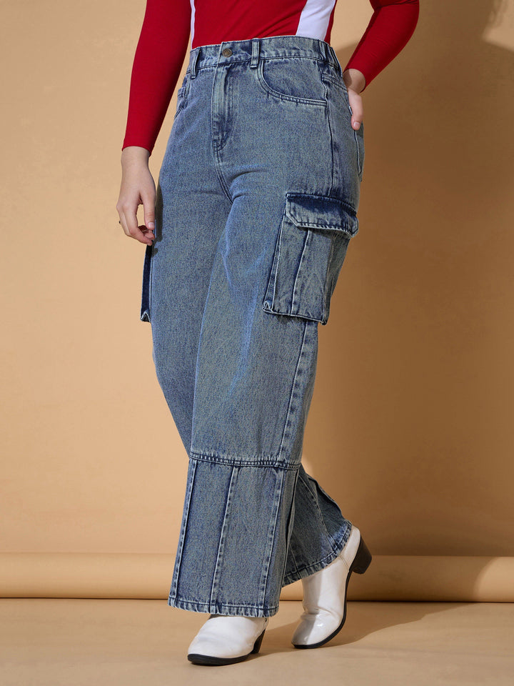 Girls Blue Wash Hem Pin Tuck Straight Jeans