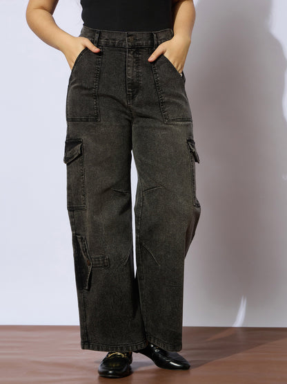 Girls Black Wash Multi Pockets Straight Jeans