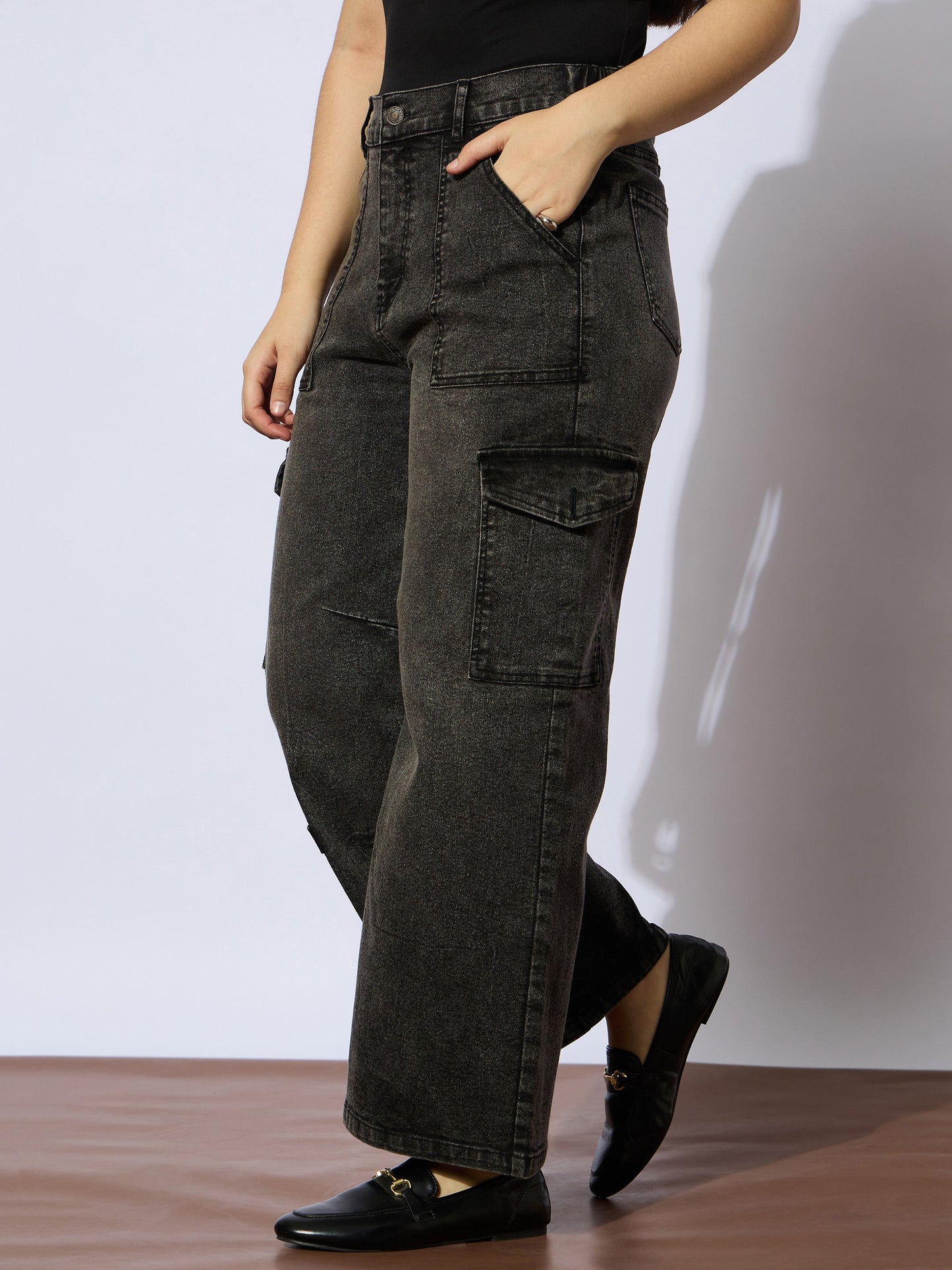 Girls Black Wash Multi Pockets Straight Jeans