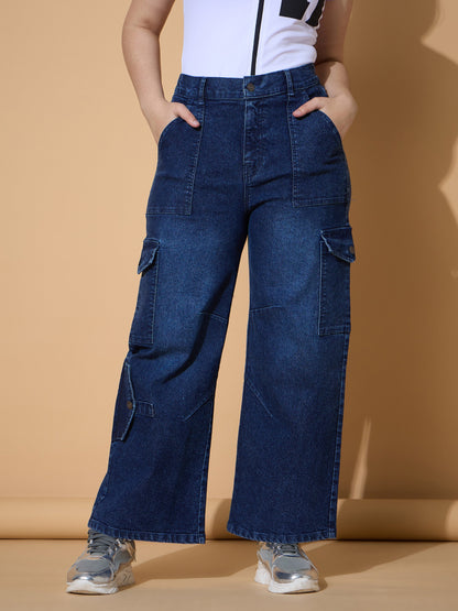 Girls Navy Wash Multi Pockets Straight Jeans