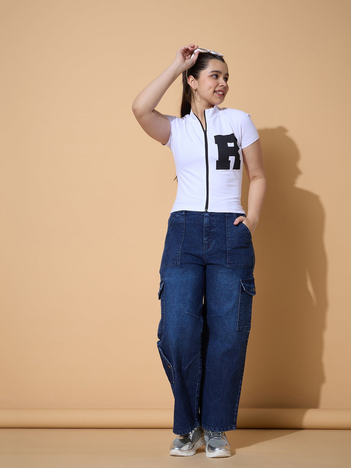 Girls Navy Wash Multi Pockets Straight Jeans