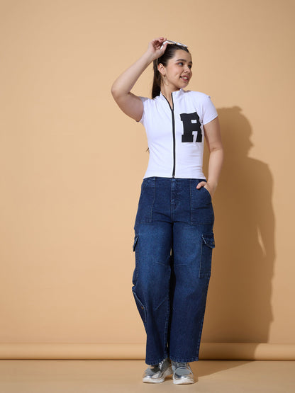 Girls Navy Wash Multi Pockets Straight Jeans
