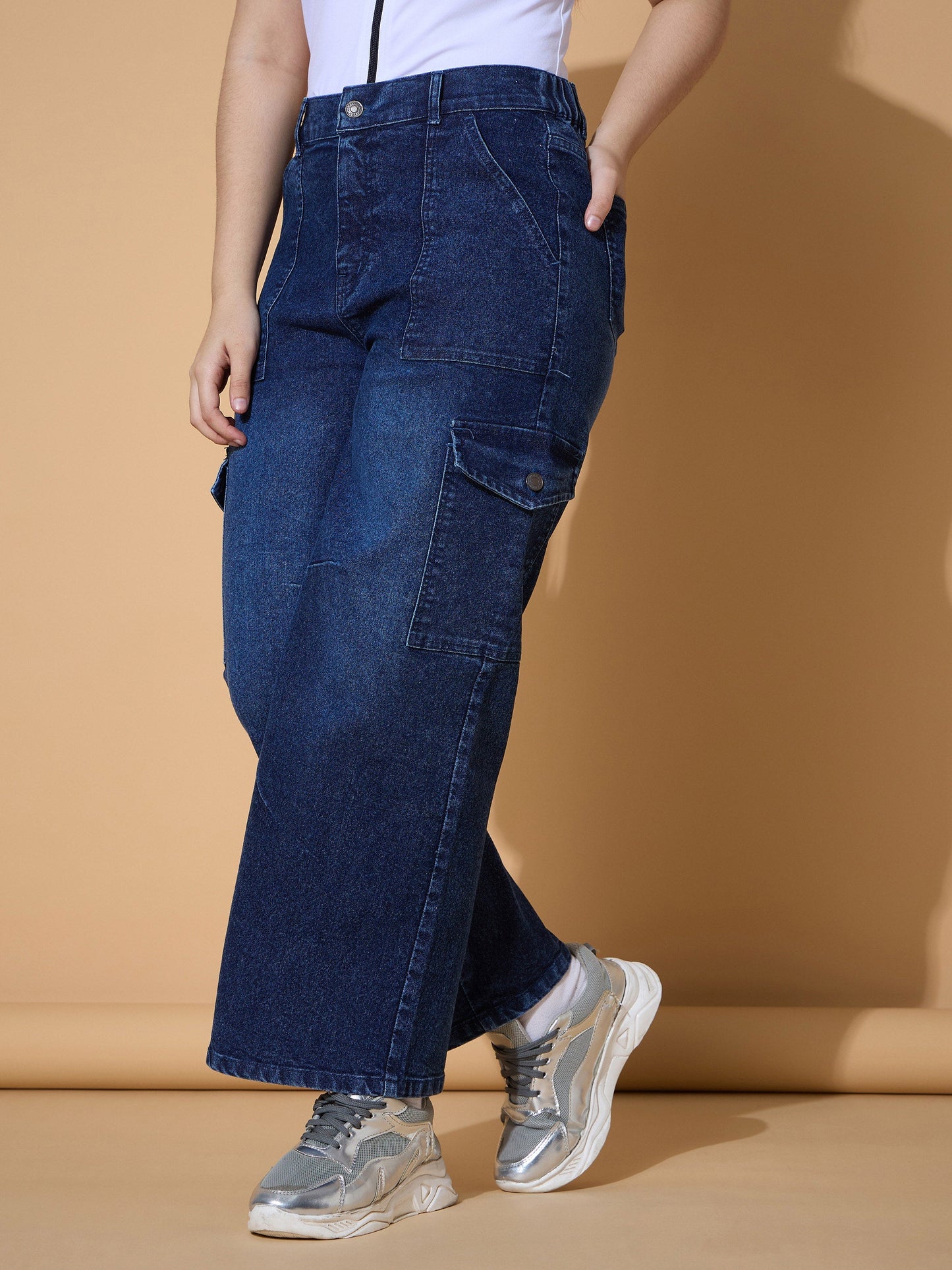 Girls Navy Wash Multi Pockets Straight Jeans