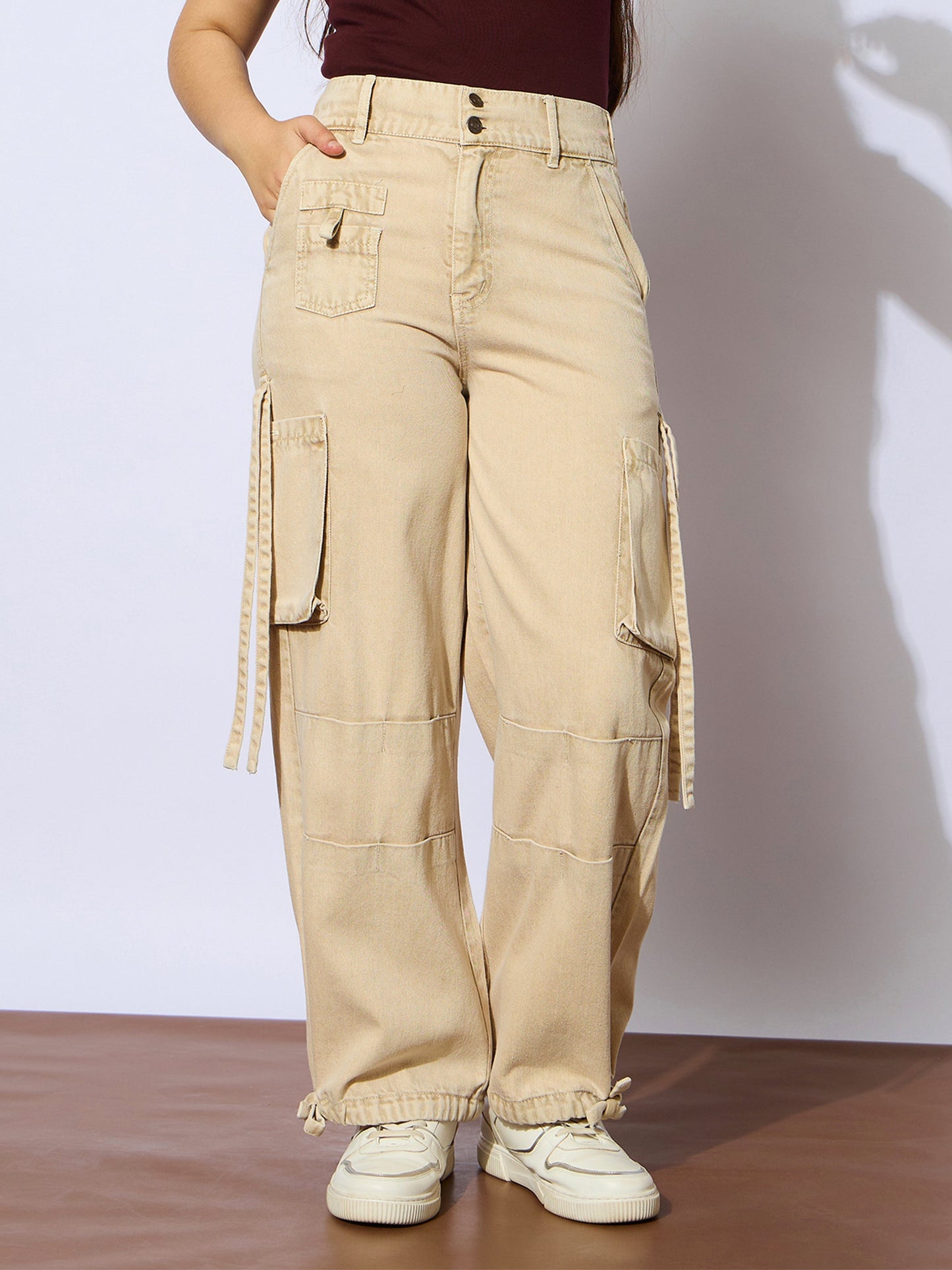 Girls Beige Multi Pockets Straight Jeans