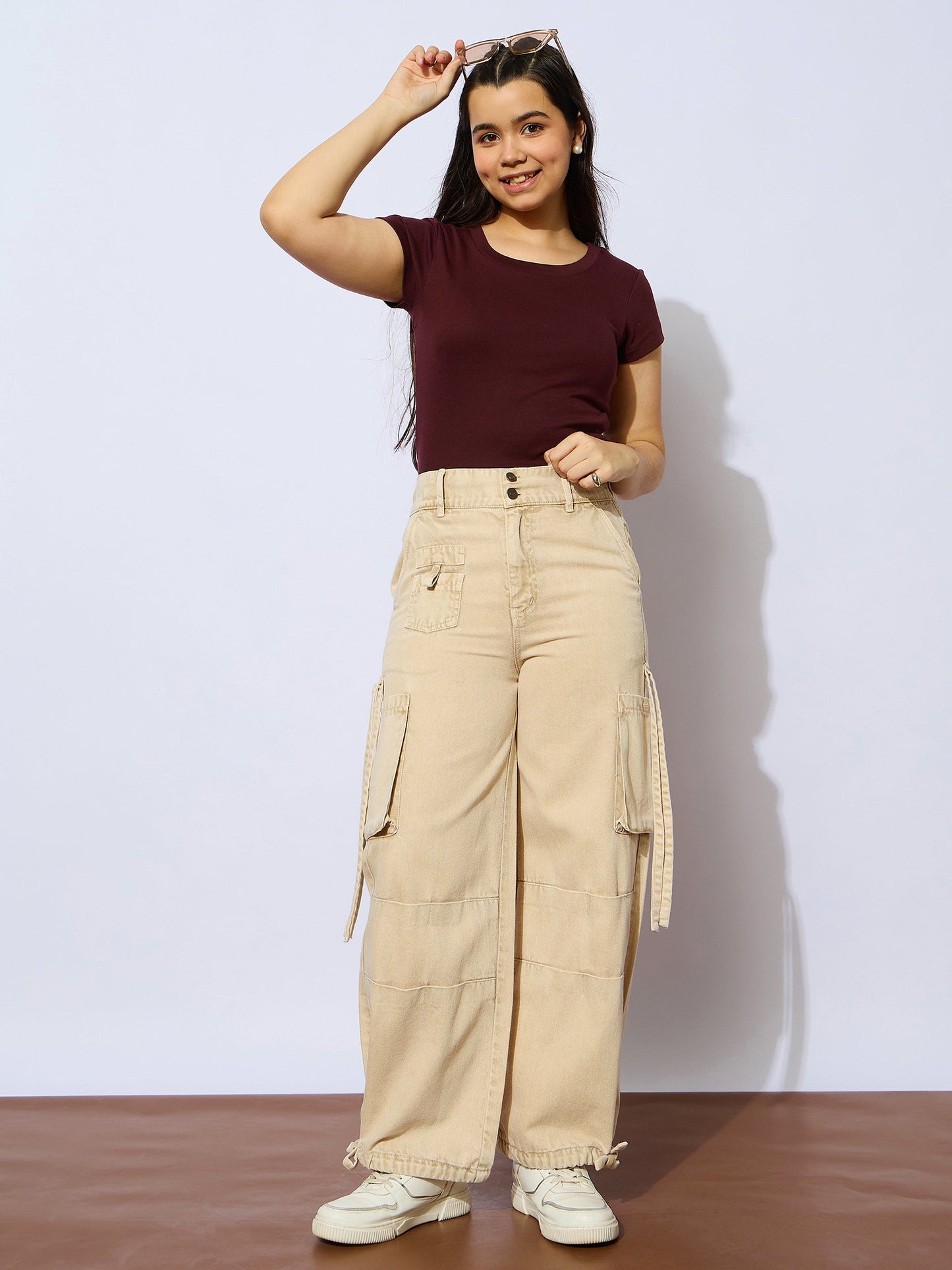 Girls Beige Multi Pockets Straight Jeans