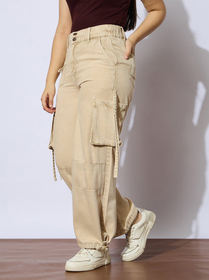 Girls Beige Multi Pockets Straight Jeans