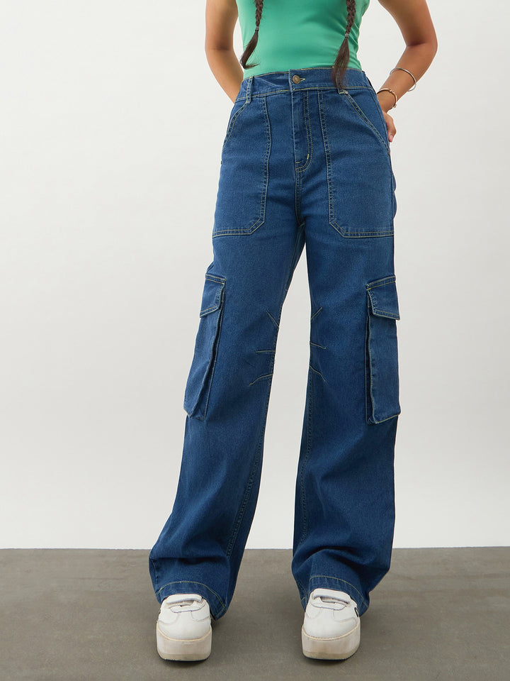 Girls Navy Blue Denim Contrast Stitch Cargo Jeans