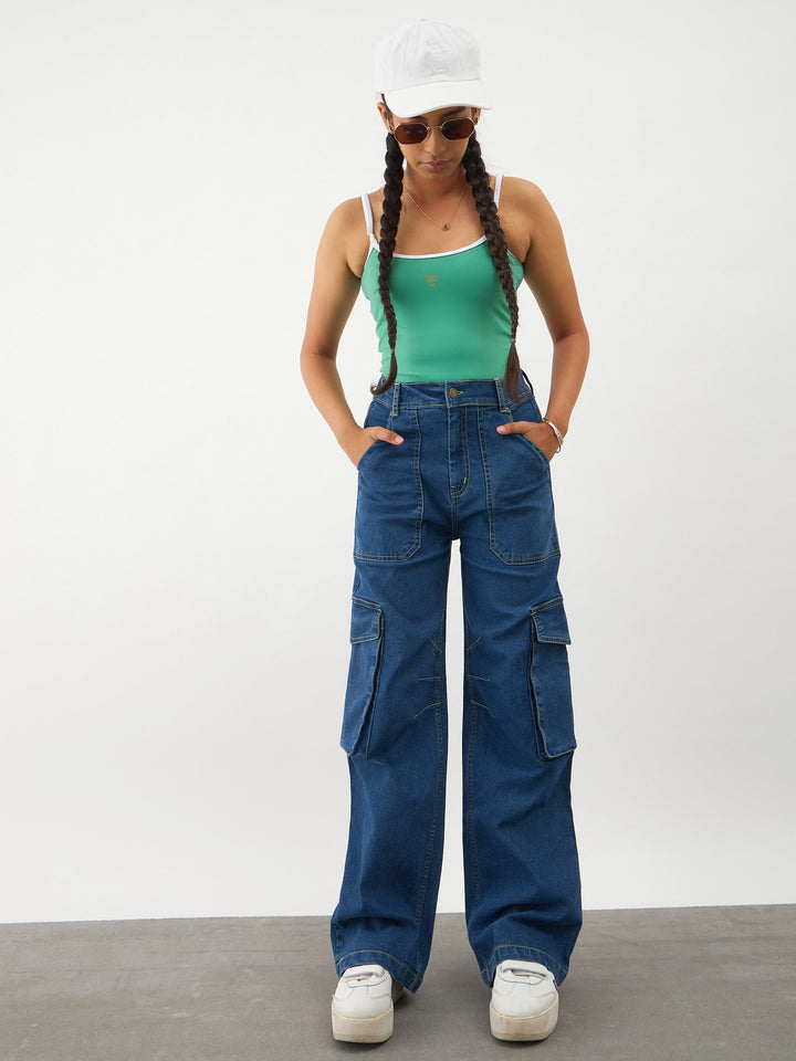 Girls Navy Blue Denim Contrast Stitch Cargo Jeans