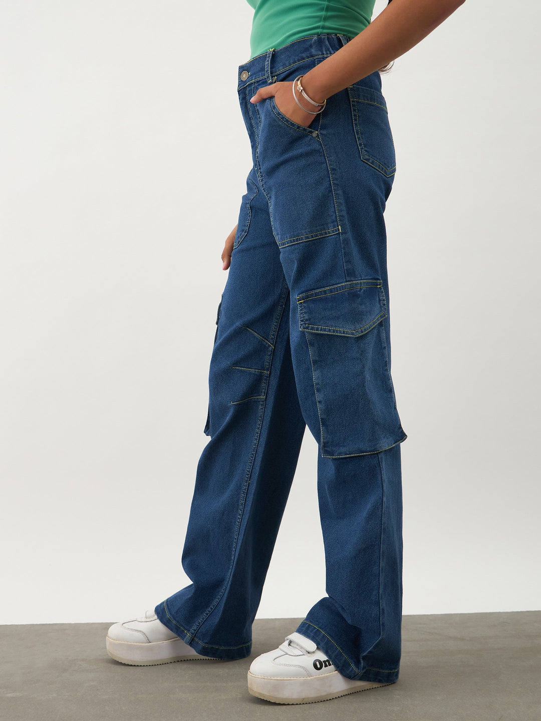 Girls Navy Blue Denim Contrast Stitch Cargo Jeans