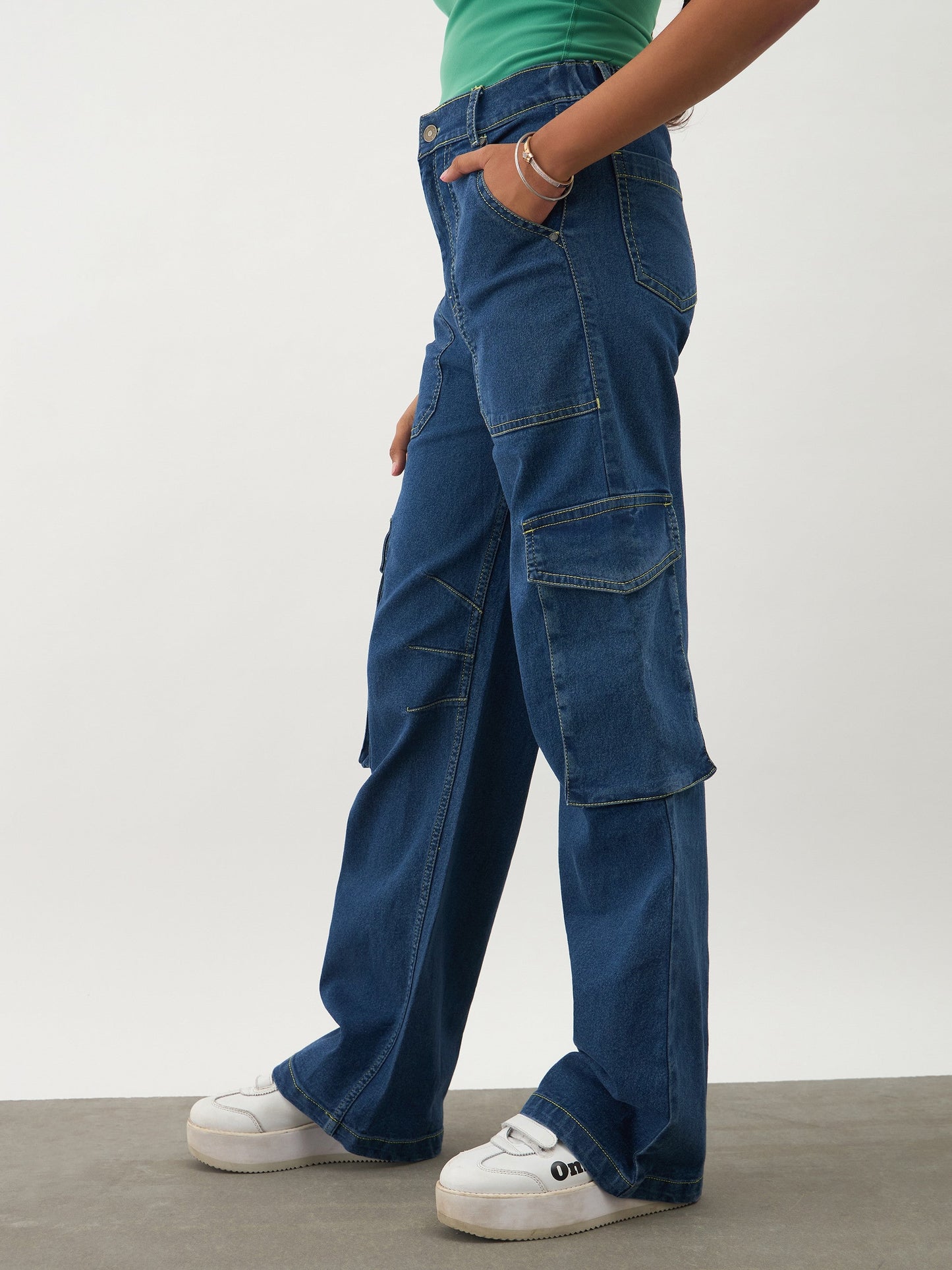 Girls Navy Blue Denim Contrast Stitch Cargo Jeans