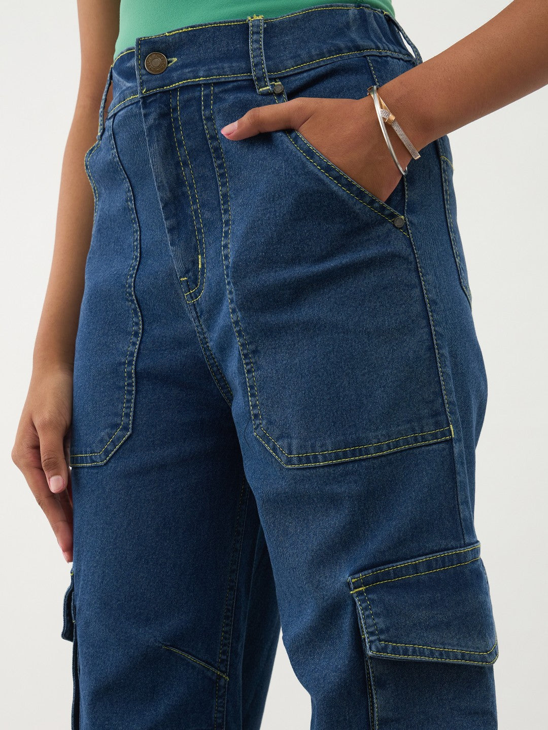 Girls Navy Blue Denim Contrast Stitch Cargo Jeans