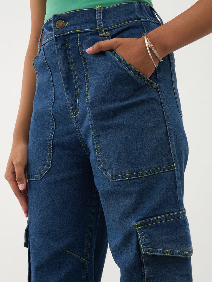 Girls Navy Blue Denim Contrast Stitch Cargo Jeans