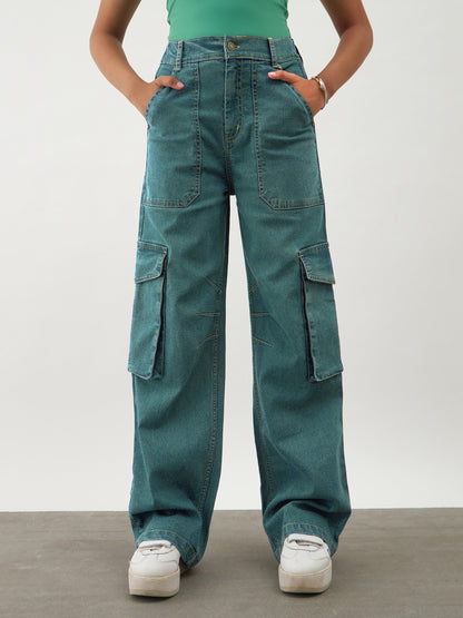Girls Green Wash Denim Contrast Stitch Cargo Jeans
