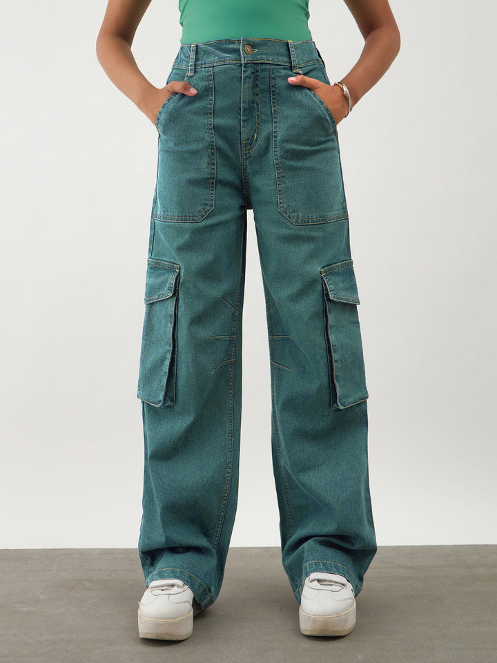 Girls Green Wash Denim Contrast Stitch Cargo Jeans