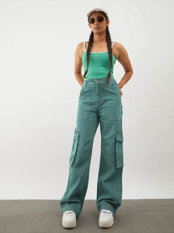 Girls Green Wash Denim Contrast Stitch Cargo Jeans