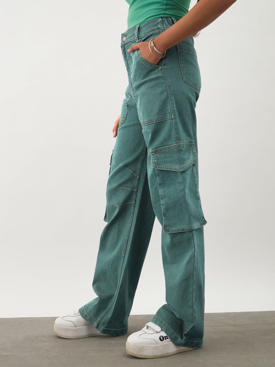 Girls Green Wash Denim Contrast Stitch Cargo Jeans