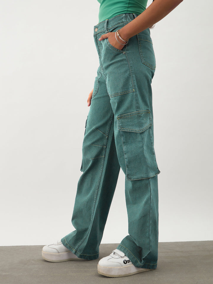 Girls Green Wash Denim Contrast Stitch Cargo Jeans