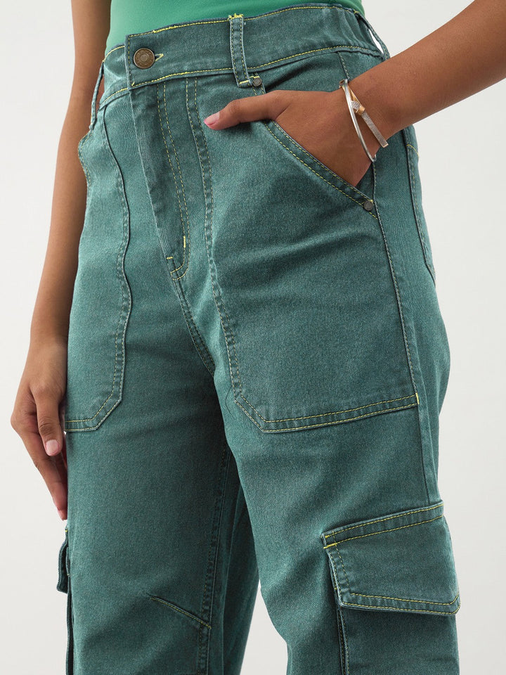 Girls Green Wash Denim Contrast Stitch Cargo Jeans