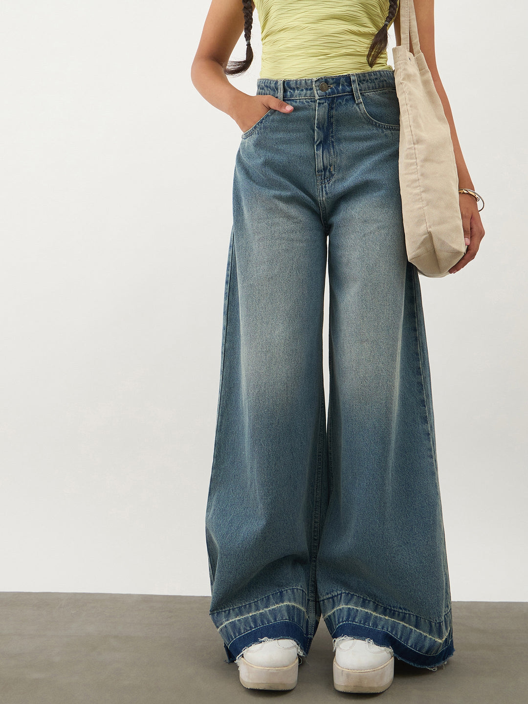 Girls Blue Blast Denim Wide Leg Frayed Jeans