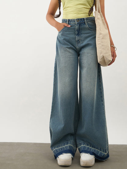Girls Blue Blast Denim Wide Leg Frayed Jeans