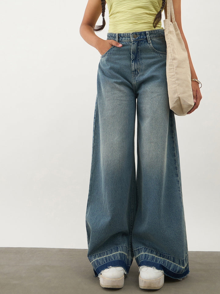 Girls Blue Blast Denim Wide Leg Frayed Jeans