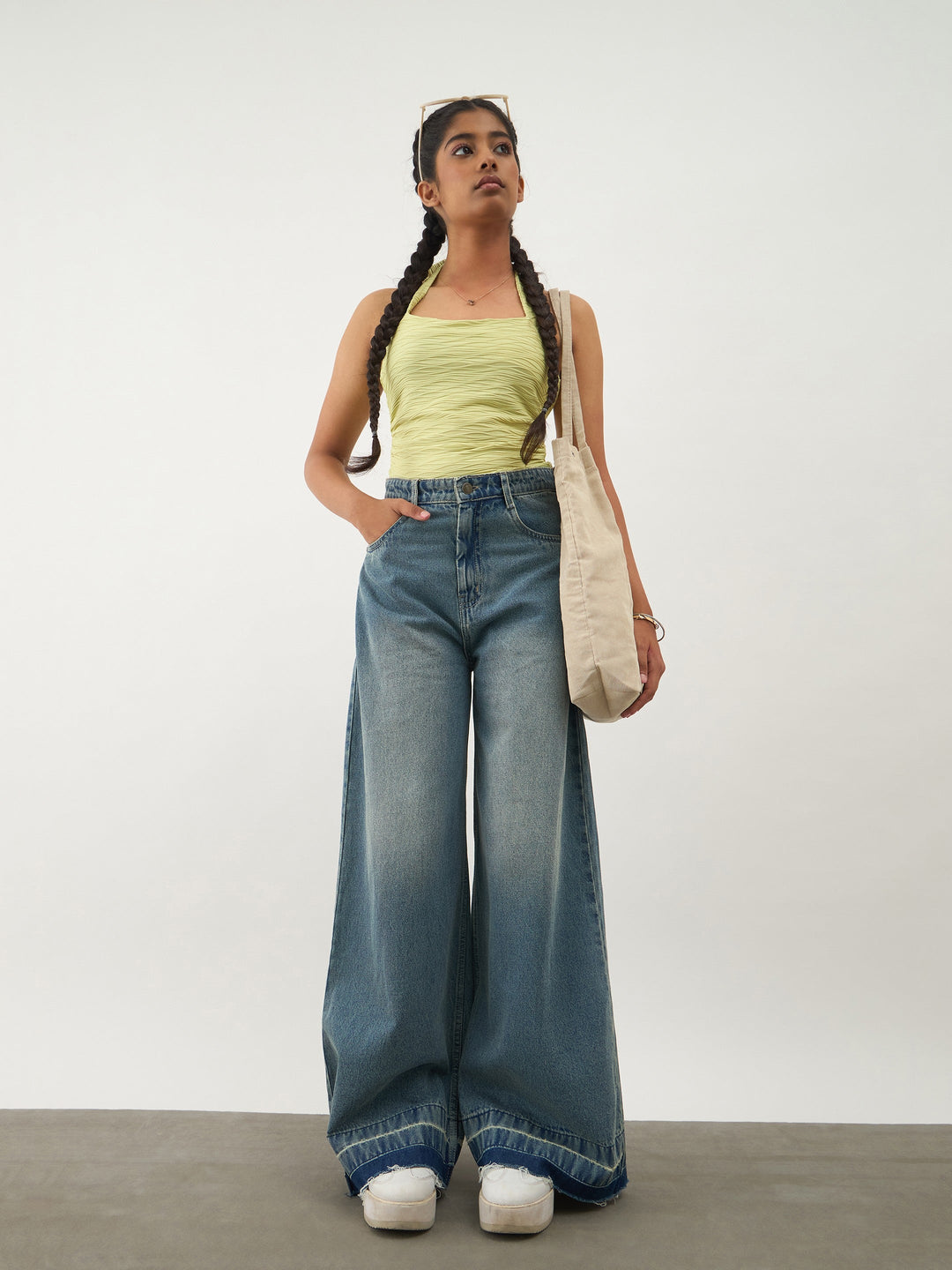 Girls Blue Blast Denim Wide Leg Frayed Jeans