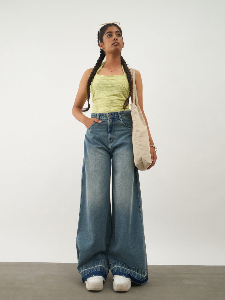 Girls Blue Blast Denim Wide Leg Frayed Jeans