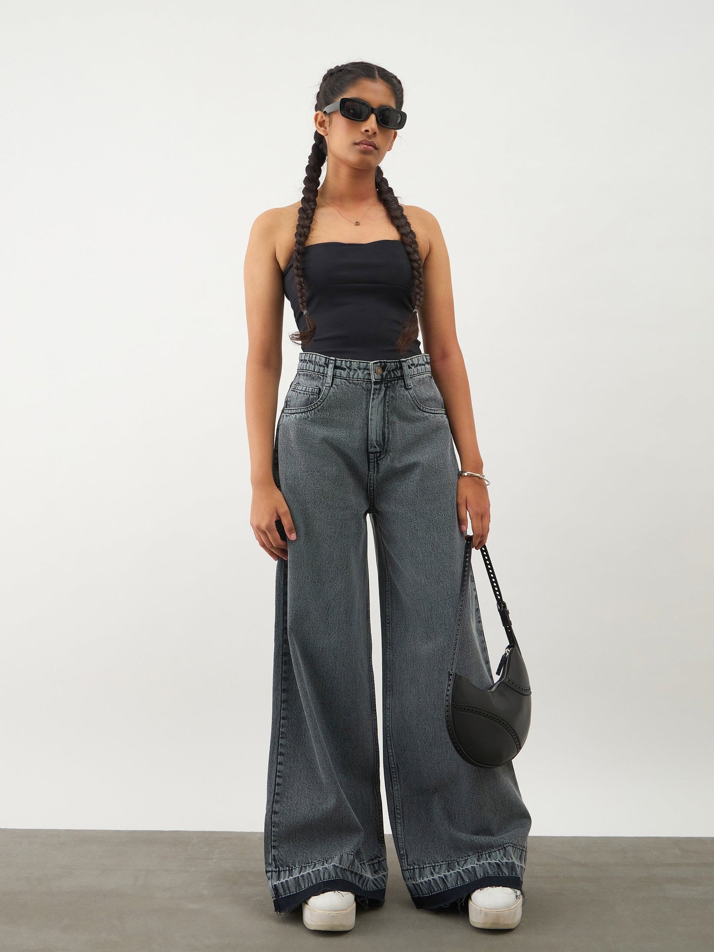 Girls Black Blast Denim Wide Leg Frayed Jeans