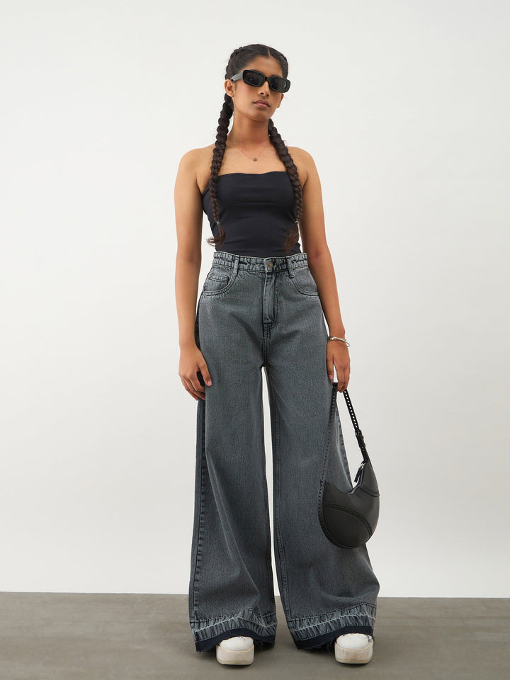 Girls Black Blast Denim Wide Leg Frayed Jeans