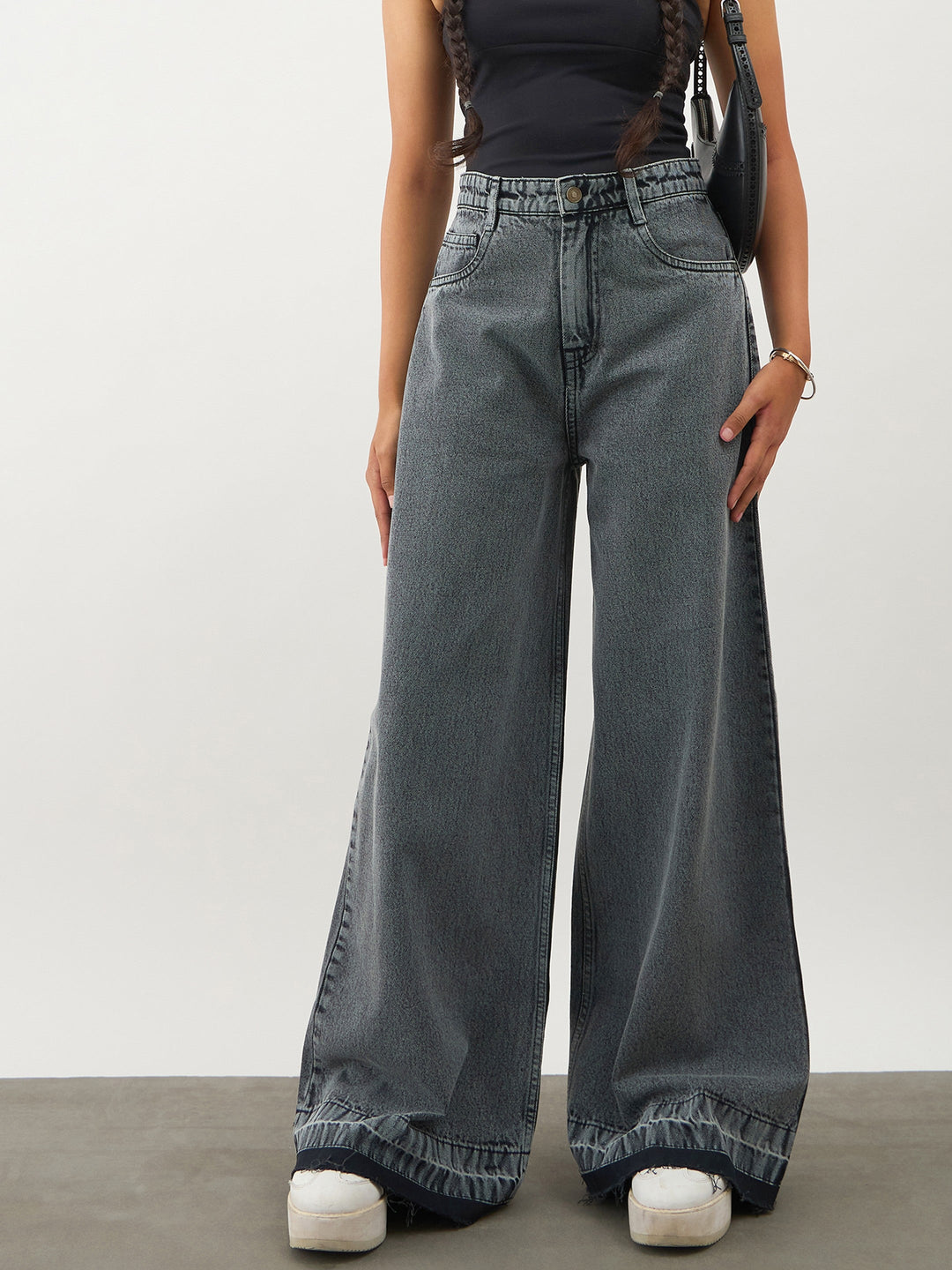 Girls Black Blast Denim Wide Leg Frayed Jeans